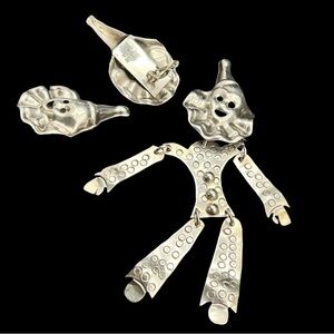 Vintage Taxco Silver Articulating Clown Brooch with Clown Clip on Earring Set.